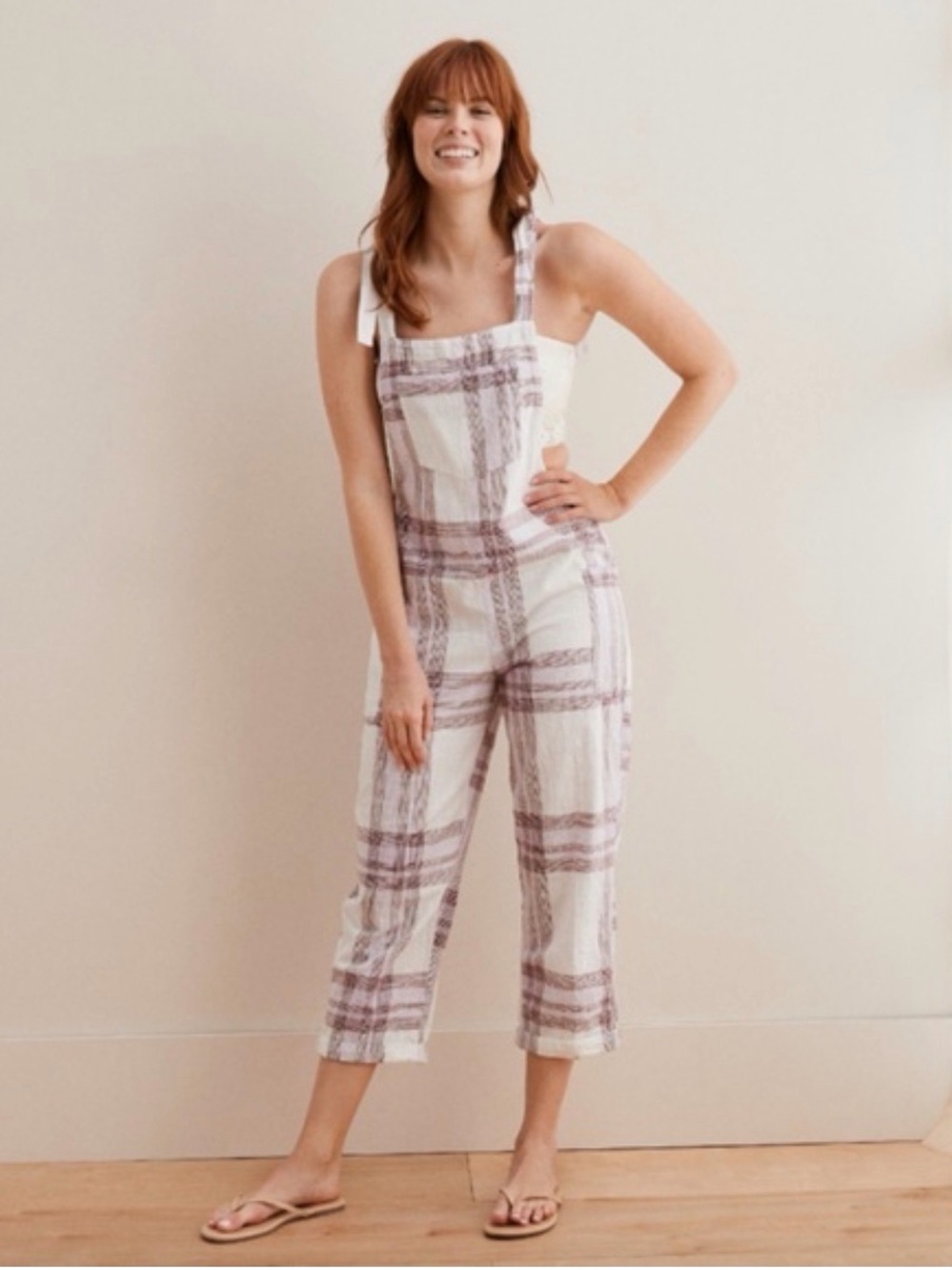 aerie White & Lavender Plaid Tie-Shoulder Cropped Jumpsuit